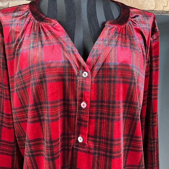 Intro Stretch Velvet Oversized Tartan Plaid Henley Top Holiday Comfy Red Black L - Picture 4 of 11